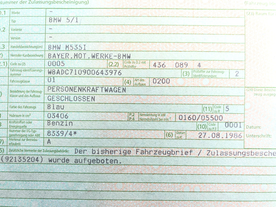 BMW M 535i E28 [1986] - Radhaus con numero di telaio e body di carte