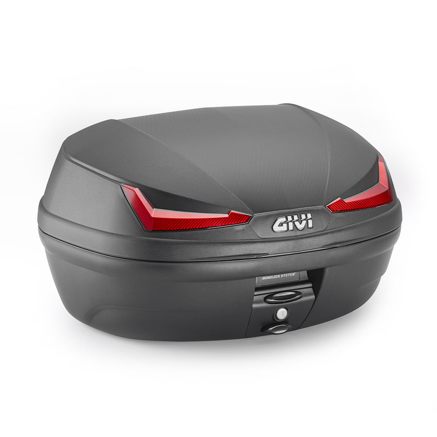 E455 Simply IV Monolock Topcase, mit Platte – 45 L., schwarz, mit roten Reflektoren